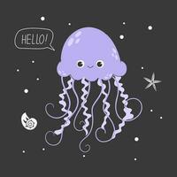 carta con viola carino Medusa su un' buio sfondo. kawaii bambini manifesto con nautico elementi, Ciao lettering e un' galleggiante Medusa. mare vita con tentacoli. vettore azione illustrazione.