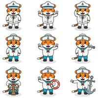 divertente tigre marinai impostare. carino tigre personaggi nel Capitano berretto cartone animato vettore illustrazione.
