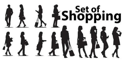 un' impostato di silhouette shopping uomo e donne vettore