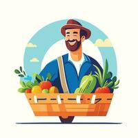 sorridente maschio contadino o giardiniere nel uniforme detiene cestino di maturo verdure e frutta. opera e raccolto. vettore