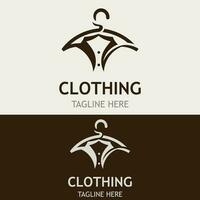 capi di abbigliamento e moda logo design appendiabiti concetto, creativo semplice moda negozio attività commerciale moda vettore