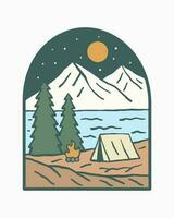 campeggio vicino fiume e Visualizza di il natura montagna design per distintivo, etichetta, t camicia vettore illustrazione