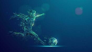 wireframe calcio giocatore tiro palla con illuminazione effetto vettore