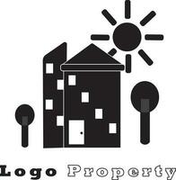 proprietà logo vettore logo design illustrazione. sagome di edifici, case, alberi, sole. adatto per loghi, icone, promozioni, manifesti, koas e etichetta disegni, siti web