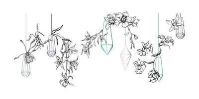 mano disegnato vettore inchiostro orchidea fiori e rami, monocromo, dettagliato schema. composizione con cristallo modulo. isolato su bianca sfondo. design per parete arte, nozze, Stampa, tatuaggio, coperchio, carta.