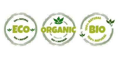 eco, bio, biologico e naturale prodotti adesivo, vettore etichetta, distintivo e logo. ecologia icona. logo modello con verde le foglie per biologico e eco amichevole prodotti.