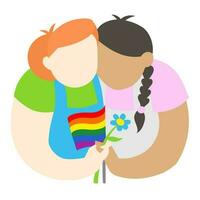 lgbt ragazze nel amore Tenere arcobaleno bandiera e fiore - semplice vettore illustrazione. lgbt orgoglio gay e lesbica concetto