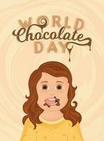 carino ragazza mangiare cioccolato contento mondo cioccolato giorno modello vettore