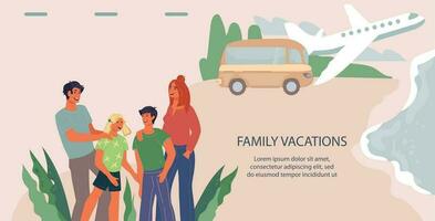 famiglia vacanza ragnatela bandiera modello con genitori e bambini pianificazione un' viaggio, piatto vettore illustrazione. famiglia turismo e estate vacanza atterraggio pagina disposizione.