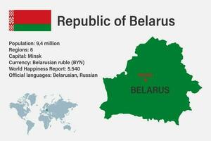 Mappa della Bielorussia altamente dettagliata con bandiera, capitale e piccola mappa del mondo vettore