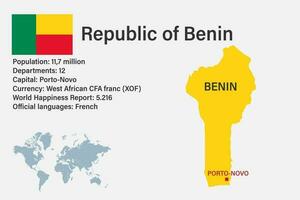 mappa del benin altamente dettagliata con bandiera, capitale e piccola mappa del mondo vettore