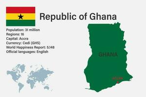 mappa del ghana altamente dettagliata con bandiera, capitale e piccola mappa del mondo vettore