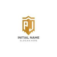 monogramma pj logo con scudo geometrico forma, elegante lusso iniziale logo design vettore