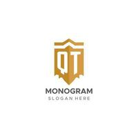 monogramma qt logo con scudo geometrico forma, elegante lusso iniziale logo design vettore