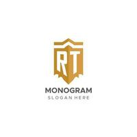 monogramma rt logo con scudo geometrico forma, elegante lusso iniziale logo design vettore