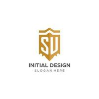 monogramma su logo con scudo geometrico forma, elegante lusso iniziale logo design vettore