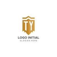 monogramma ty logo con scudo geometrico forma, elegante lusso iniziale logo design vettore