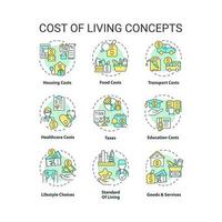 costo di vivente concetto icone impostare. i soldi spese. di base bisogno. finanziario sostenibilità. sociale problema. personale economia. bene essere idea magro linea colore illustrazioni. isolato simboli. modificabile ictus vettore