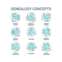 genealogia blu concetto icone impostare. famiglia radici. genetico disturbi. eredità idea magro linea colore illustrazioni. isolato simboli. modificabile ictus vettore