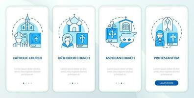 cristiano chiese blu onboarding mobile App schermo. confessioni Procedura dettagliata 4 passaggi modificabile grafico Istruzioni con lineare concetti. ui, ux, gui modellato vettore