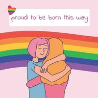 Due ragazze siamo abbracciare su arcobaleno bandiera sfondo. celebrazione lgbt orgoglio mese concetto vettore