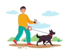 giovane tipo a piedi il suo cane. essi camminare nel il parco. migliore gli amici. vettore grafico.