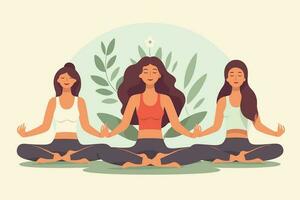 tre ragazze fare illustrazione, internazionale yoga giorno, yoga giorno striscione, yoga giorno sfondo vettore