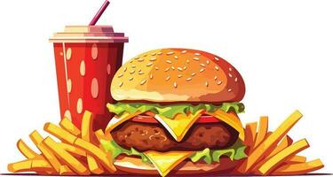 delizioso veloce cibo merenda con hamburger, Coca Cola e fresco verdure su un' bianca sfondo illustrazione, hamburger, Coca Cola, caldo e speziato francese patatine fritte illustrazione vettore