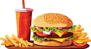 delizioso veloce cibo merenda con hamburger, Coca Cola e fresco verdure su un' bianca sfondo illustrazione, hamburger, Coca Cola, caldo e speziato francese patatine fritte illustrazione vettore