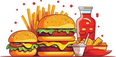 delizioso veloce cibo merenda con hamburger, Coca Cola e fresco verdure su un' bianca sfondo illustrazione, hamburger, Coca Cola, caldo e speziato francese patatine fritte illustrazione vettore