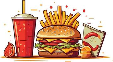 delizioso veloce cibo merenda con hamburger, Coca Cola e fresco verdure su un' bianca sfondo illustrazione, hamburger, Coca Cola, caldo e speziato francese patatine fritte illustrazione vettore