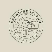 Paradiso isola linea arte logo vettore con emblema modello illustrazione design con palma albero e sole scoppiare icona design.