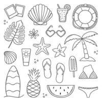 insieme disegnato a mano di doodle estivo. elementi della spiaggia estiva in stile schizzo. illustrazione vettoriale isolato su sfondo bianco.