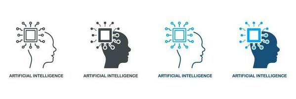 ai nel umano cervello pittogramma. digitale tecnologia e macchina apprendimento simbolo collezione. artificiale intelligenza silhouette e linea icona impostare. isolato vettore illustrazione.