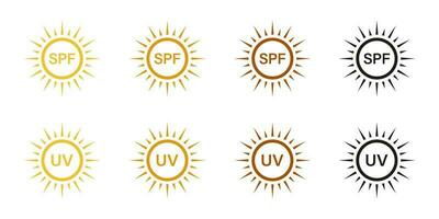 spf proteggere, ultravioletto raggi icona impostare. pelle protezione a partire dal sole pittogramma, crema solare etichetta, protezione solare crema. estate luce del sole simbolo collezione. bloccare solare radiazione. isolato vettore illustrazione.