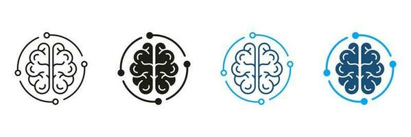 neurologia e artificiale intelligenza nero e colore simbolo collezione. Tech scienza cartello. umano cervello e digitale tecnologia silhouette e linea icone impostare. isolato vettore illustrazione.