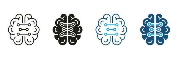 Tech scienza nero e colore pittogramma. umano cervello e digitale tecnologia simbolo collezione. neurologia e artificiale intelligenza silhouette e linea icone impostare. isolato vettore illustrazione.