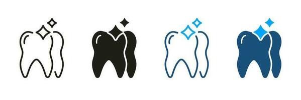 dentale impiallacciature silhouette e linea icone impostare. ceramica denti installazione, dente brillare pittogramma. odontoiatria simbolo collezione. dentale trattamento nero e colore cartello. isolato vettore illustrazione.