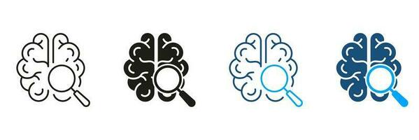 neurologia scienza esplorazione nero e colore simbolo collezione. cervello con lente d'ingrandimento silhouette e linea icone impostare. medico esame, ricerca di umano mente pittogramma. isolato vettore illustrazione.