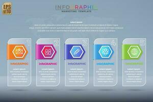 Infografica marketing vettore design colorato esagono icone 5 opzioni o passaggi il giro angolo bicchiere trasparente. voi può Usato per marketing processi, flusso di lavoro presentazioni disposizione, flusso grafico, Stampa anno Domini.