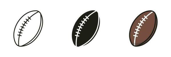 Rugby palla silhouette e linea icona impostare. palla per giocare gli sport gioco, americano calcio solido e schema nero e colore simbolo collezione su bianca sfondo. isolato vettore illustrazione.