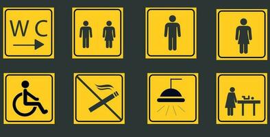 gabinetto linea icona impostato su giallo sfondi. bagno cartello. uomo, donna, madre con bambino e handicap simbolo. toilette per maschio, femmina, transgender, Disabilitato. vettore grafica