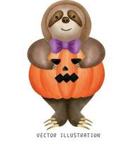 un' carino bradipo vestito come un' zucca nel un' acquerello illustrazione per Halloween vettore
