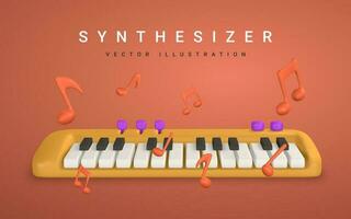 3d realistico sintetizzatore con musica Nota. musica concetto design nel plastica cartone animato stile. vettore illustrazione