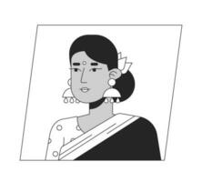 attraente indiano donna nel tradizionale Abiti nero bianca cartone animato avatar icona. modificabile 2d personaggio utente ritratto, lineare piatto illustrazione. vettore viso profilo. schema persona testa e le spalle