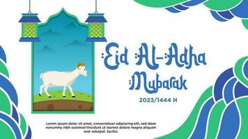 bandiera modello blu e verde astratto tema di contento eid al-Adha con animale illustrazione vettore