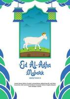 manifesto modello blu e verde astratto tema di contento eid al-Adha con animale illustrazione vettore