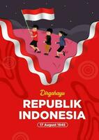 manifesto modelli Indonesia indipendenza giorno con bambini in esecuzione su il collina trasporto il bandiera vettore illustrazione