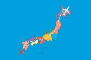 carta geografica di Posizione di Giappone con aerei volante al di sopra di suo territorio in direzione il destinazione vettore illustrazione
