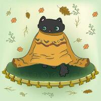 nero gatto nel grande maglione, carino occhi, sorpreso espressione, autunno accogliente, gatto seduta, arancia maglione, casa comfort vettore